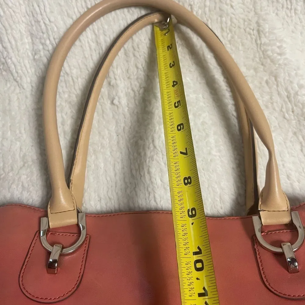 London Fog Faux leather orange large tote bag beige straps silver tone hardwares